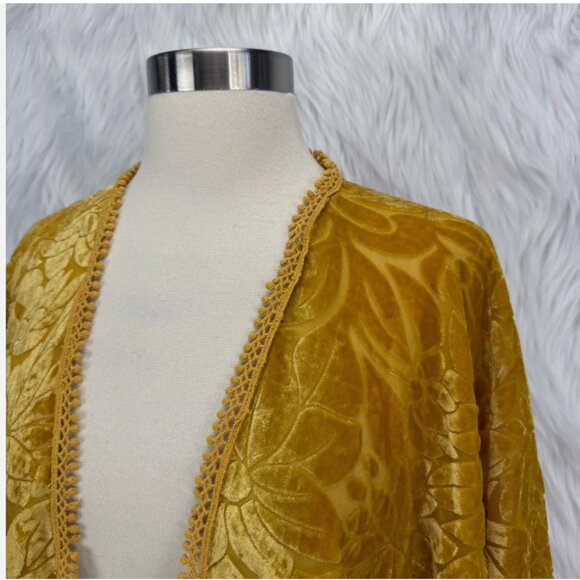 Natural Life Burnout Velvet Open Kimono Top Golden Yellow Boho Fairy Festival - Picture 8 of 14